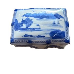 Vtg. Japanese Hand Painted Ceramic Cigarette Trinket Box Town Painted Blue